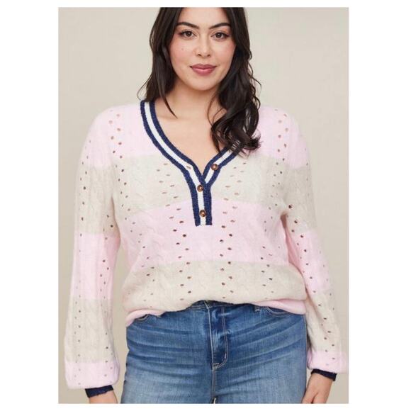 Torrid Womens‎ Vegan Cashmere Preppy Pullover Striped Henley Sweater Size M 00 - Picture 1 of 9
